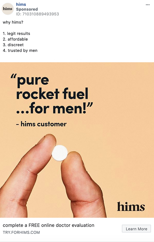 A hand holds a white pill against a peach background with text promoting Hims as "pure rocket fuel for men" alongside a list of benefits and a prompt for a free online doctor evaluation.