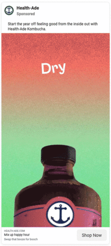 A bottle of Health-Ade Kombucha with the word "Dry" above it on a red and green gradient background; ad text promotes swapping alcohol for kombucha.
