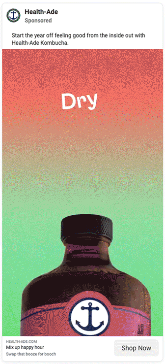 A bottle of Health-Ade Kombucha with the word "Dry" above it on a red and green gradient background; ad text promotes swapping alcohol for kombucha.