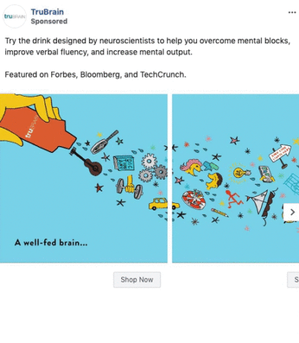 Illustration of a hand pouring a red bottle labeled "A well-fed brain..." with various colorful symbols and icons scattering out, representing creativity and ideas.