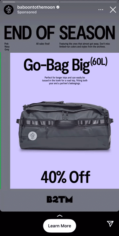 A large black duffel bag is displayed with text promoting a 40% off sale on the "Go-Bag Big (60L)" by Baboon To The Moon.
