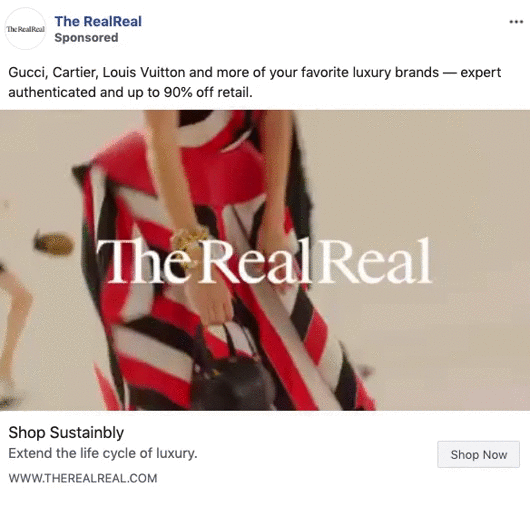 A person in a colorful, striped dress holds a black handbag. The RealReal logo and text about luxury brands and shopping sustainably appear over the image.