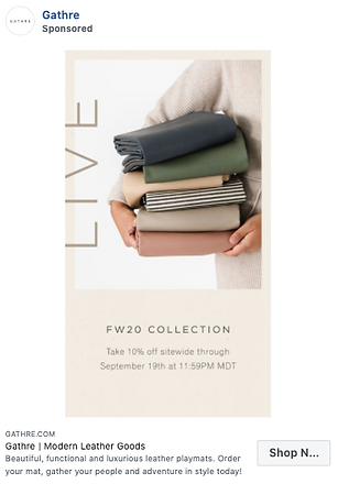 A person holds a stack of folded leather mats in various colors. Text reads, "LIVE FW20 COLLECTION," with a promotion for 10% off sitewide until September 19th at 11:59PM MDT.