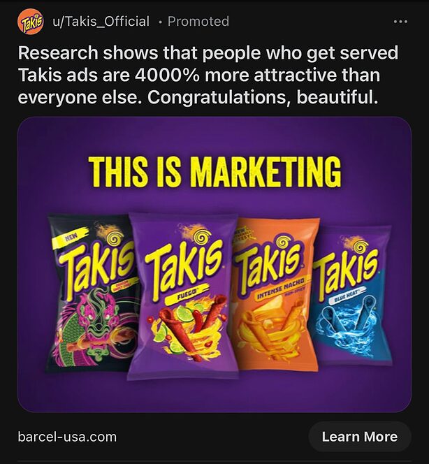 Four colorful bags of Takis snacks are displayed side by side against a purple background with bold yellow text reading "THIS IS MARKETING.