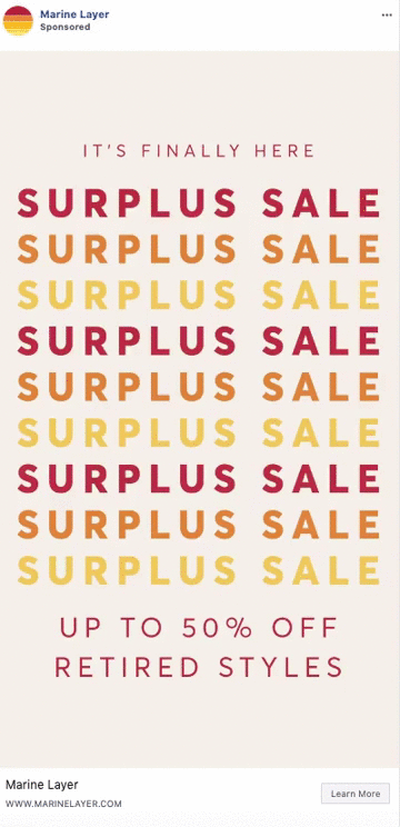 Text graphic with repeated words "SURPLUS SALE" in red, orange, and yellow, and text below stating "Up to 50% off retired styles.