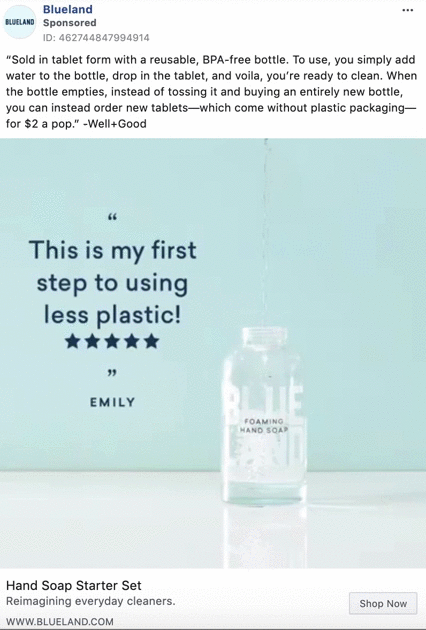 A clear foaming hand soap bottle sits in front of a blue background with the text "This is my first step to using less plastic!" and the name "Emily" below.