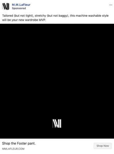 Black square with a small white M.M.LaFleur logo in the center; text above promotes tailored, stretchy, machine-washable Foster pants.