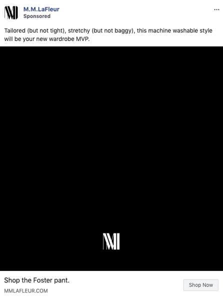 Black square with a small white M.M.LaFleur logo in the center; text above promotes tailored, stretchy, machine-washable Foster pants.