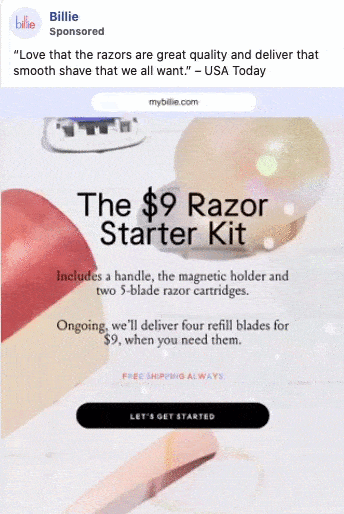 Advertisement for Billie razor starter kit, featuring a handle, magnetic holder, two razor cartridges, and ongoing refill blades for $9, with a "Let's Get Started" button at the bottom.