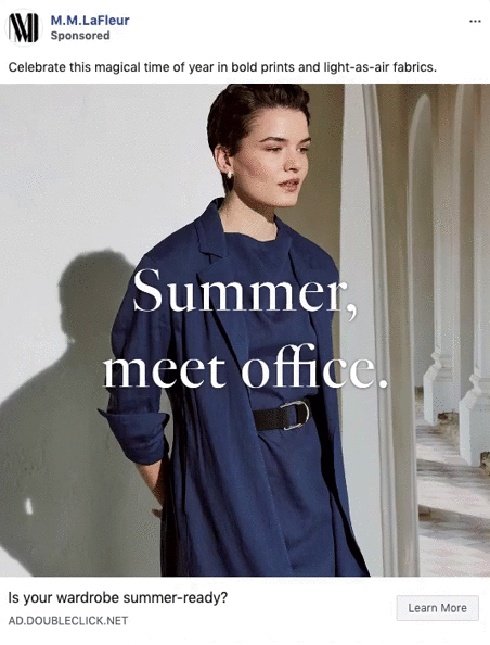 A person in a blue dress and jacket stands indoors near white arches. Text reads, "Summer, meet office.