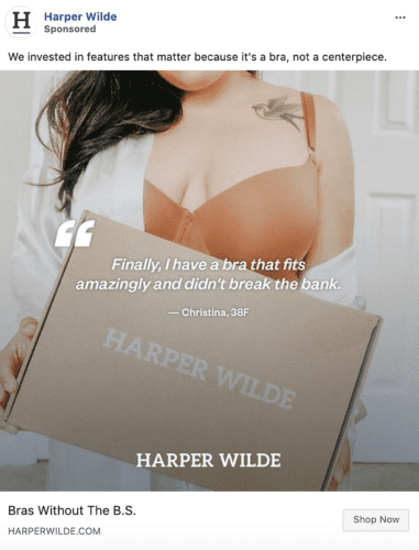 A woman wearing a tan bra holds a box labeled "Harper Wilde"; a quote about bra fit and price is overlaid on the image.
