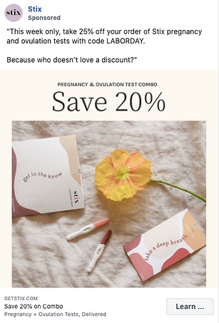 A pregnancy and ovulation test combo pack, two test sticks, and a yellow flower are arranged on a flat surface; text promotes a 25% discount with code LABORDAY.
