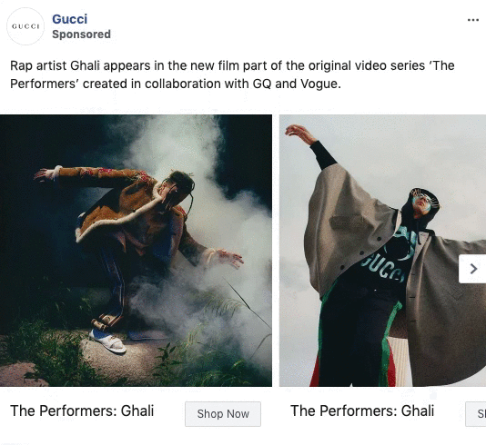 Two photos of a person modeling fashion outfits outdoors, wearing Gucci clothing, as part of the series "The Performers: Ghali.