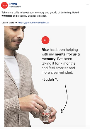 A man in a beige cardigan holds a pill bottle. A testimonial highlights improved mental focus and memory after taking "Rise" supplement for seven months.