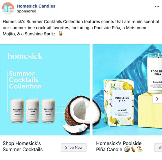 Facebook ad for Homesick Candles displays the Summer Cocktails Collection, including scented candles inspired by cocktails, such as Poolside Piña, with images of candles and tropical decor.