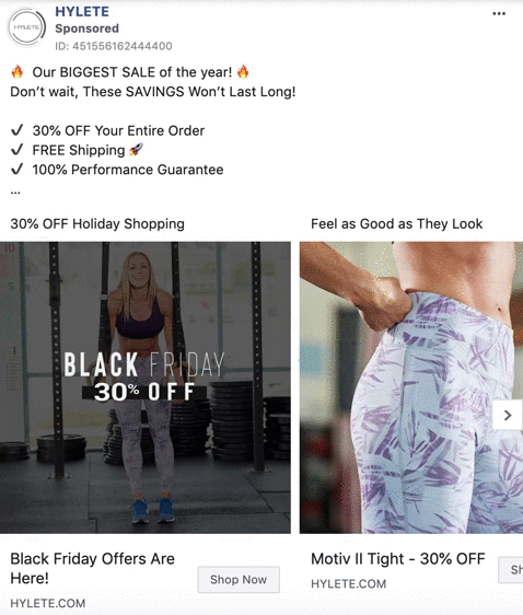 Two ads: left shows a woman in workout clothes with "Black Friday 30% Off" text; right shows a close-up of someone adjusting printed leggings, both promoting discounts on athletic wear.