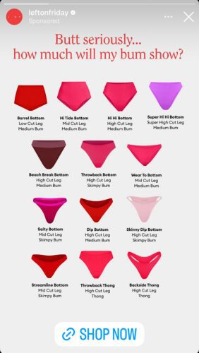 A display of fifteen different women's bikini bottoms in various shades of red and pink, each labeled with its style and level of coverage.