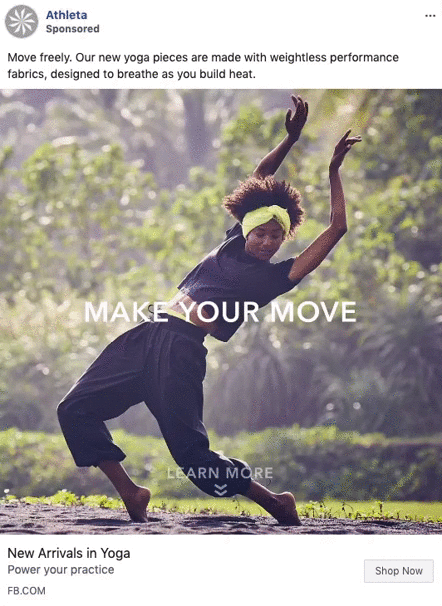 A person practices yoga outdoors on grass, wearing a headband and loose black clothing. Text overlay reads, "MAKE YOUR MOVE.