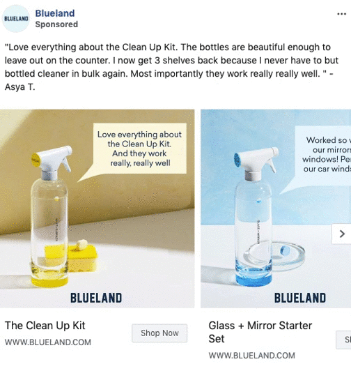 Two spray bottles, one with yellow liquid labeled "The Clean Up Kit" and one with blue liquid labeled "Glass + Mirror Starter Set," are shown on separate surfaces with cleaning sponges.