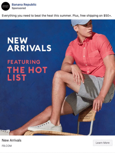 A man wearing a coral short-sleeve shirt, gray shorts, and a light cap sits on a chair against a blue background with "New Arrivals Featuring The Hot List" text.