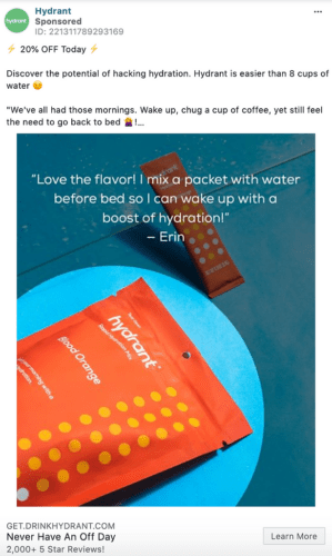 A packet of Hydrant blood orange hydration mix sits on a blue plate, with a glass of water nearby and a customer testimonial displayed above.