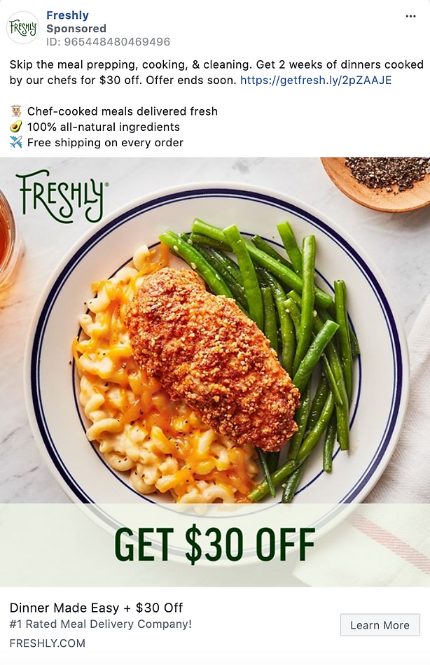A plate with breaded chicken, macaroni and cheese, and green beans is shown, promoting a $30 discount on Freshly meal delivery service.