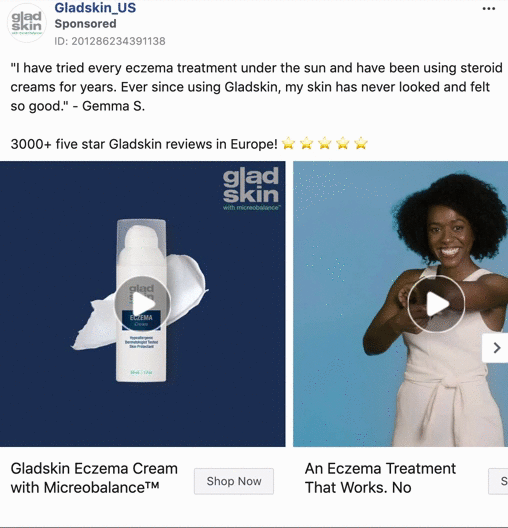 A Facebook ad features Gladskin Eczema Cream on the left and a smiling woman in a blue shirt on the right, promoting eczema treatment with customer review and star ratings.