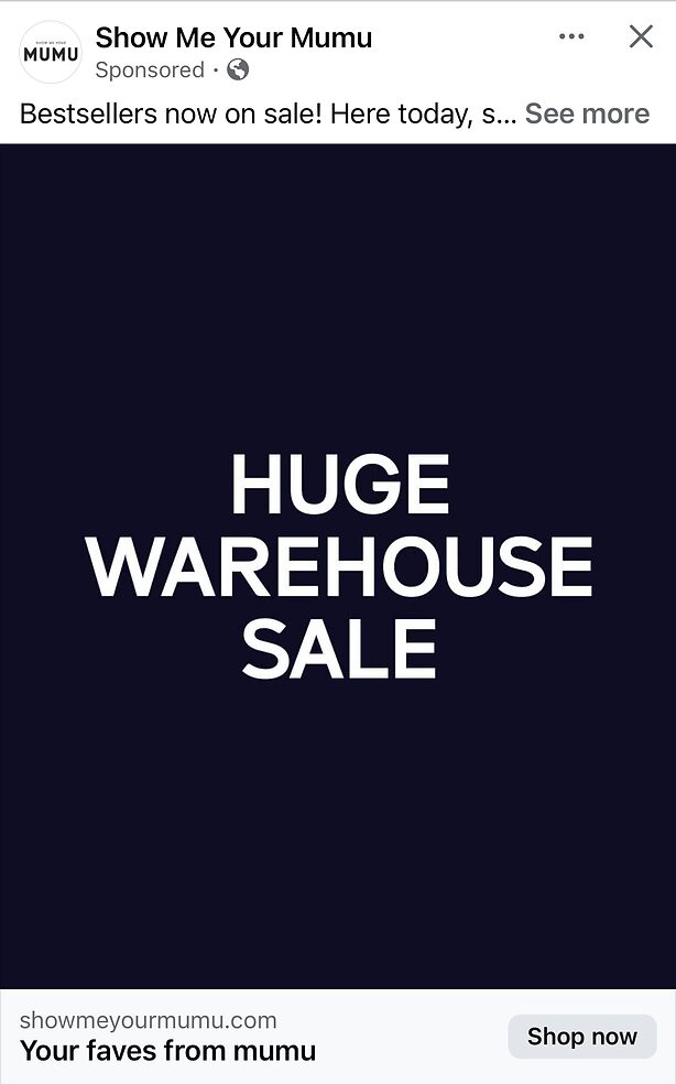 Dark blue graphic with bold white text in all caps that reads, "HUGE WAREHOUSE SALE.