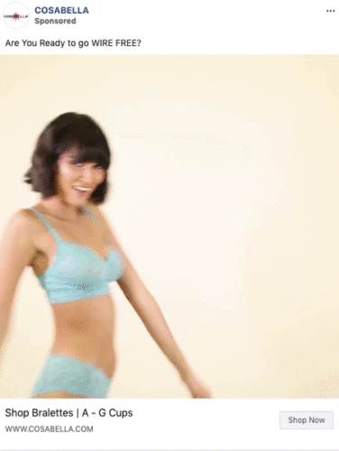 A woman wearing a light blue bralette and matching underwear dances in front of a plain beige background. Text reads, "Are you ready to go wire free?" and "Shop Bralettes | A - G Cups.