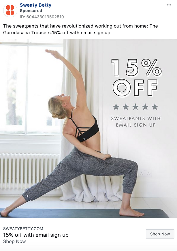 Woman in a yoga pose wearing grey sweatpants; text on image advertises 15% off sweatpants with email sign up.