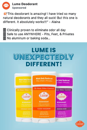 Three Lume deodorant sticks in yellow, orange, and purple are displayed against a blue background with the text "Lume is unexpectedly different!.