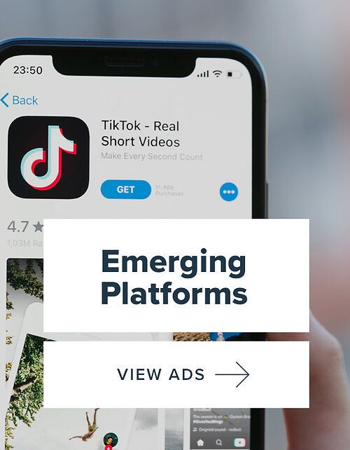 A hand holds a smartphone displaying the TikTok app page in an app store. Text overlay reads "Emerging Platforms" and "View Ads" with an arrow.