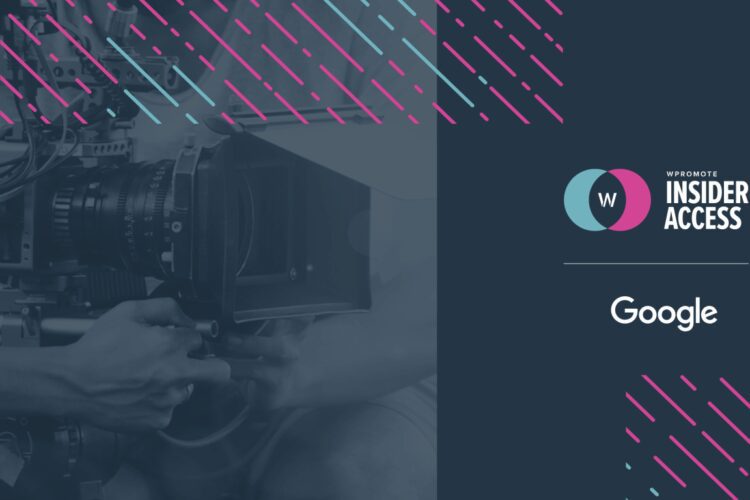 Person operating a professional video camera next to a graphic panel with the text "Wpromote Insider Access" and "Google" logos on a blue background with diagonal lines.