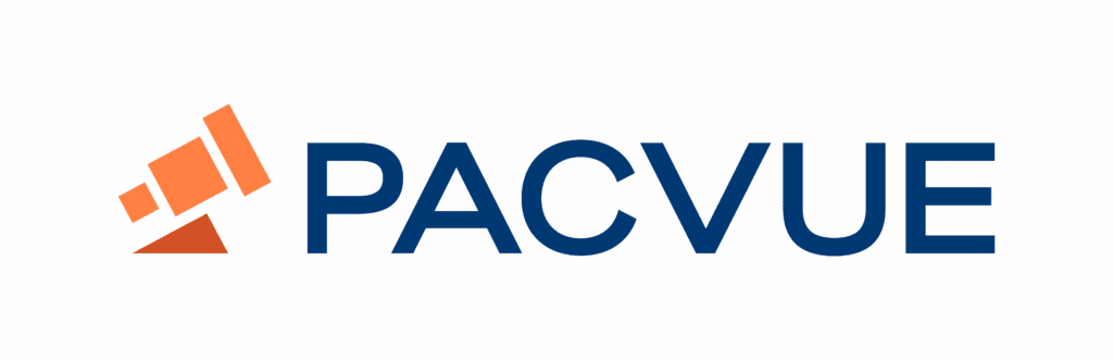 Pacvue logo with an orange geometric graphic on the left and the word "PACVUE" in bold, blue capital letters on a light gray background.