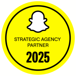 Snapchat logo above the words "Strategic Agency Partner 2025" in black text on a bright yellow background inside a black circle.
