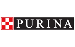 Purina logo with a red and white checkerboard square on the left and the word "PURINA" in white capital letters on a black background.