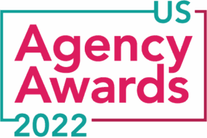 US Agency Awards 2022 logo with bold pink and teal text on a white background, celebrating excellence in full-funnel marketing.