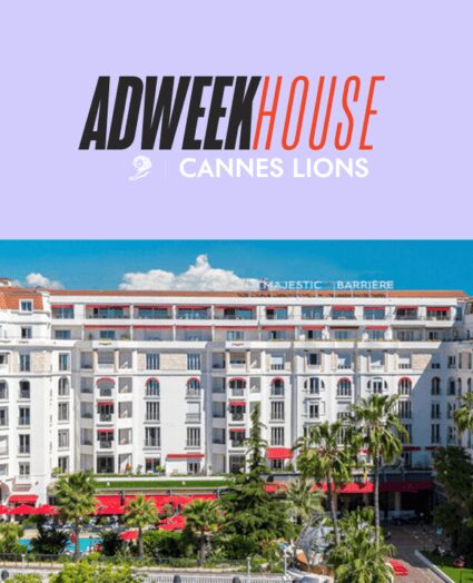 Logo for Adweek House at Cannes Lions above a photo of the Majestic Barrière hotel, with palm trees and blue sky in the background.
