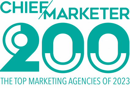 Logo for "Chief Marketer 200: The Top Marketing Agencies of 2023," featuring bold teal text and stylized numbers.