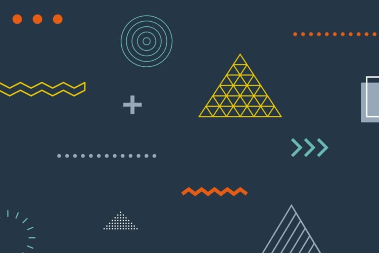 Abstract geometric shapes including triangles, circles, squares, lines, and zigzags in various colors on a dark blue background.