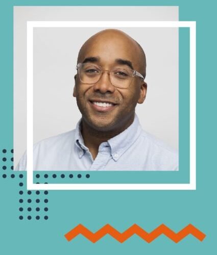 A man with glasses and a light blue shirt smiles at the camera. The photo is framed by white borders and geometric shapes on a teal background.