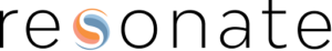 The word "resonate" in lowercase black letters, with the letter "o" stylized as a circular logo containing blue and orange curved shapes.