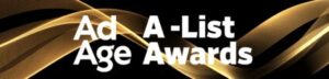 White text reading "Ad Age A-List Awards" on a black background with abstract gold wave patterns.