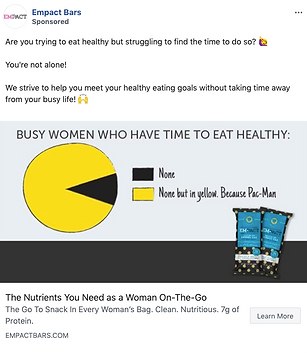 A pie chart shows most time labeled "none" and a small yellow slice labeled "none but in yellow," next to two Empact Bar packages. Text promotes quick, nutritious snacks for busy women.