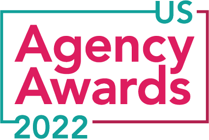 Logo for the US Agency Awards 2022, featuring bold pink and teal text with a minimalist linear border design.