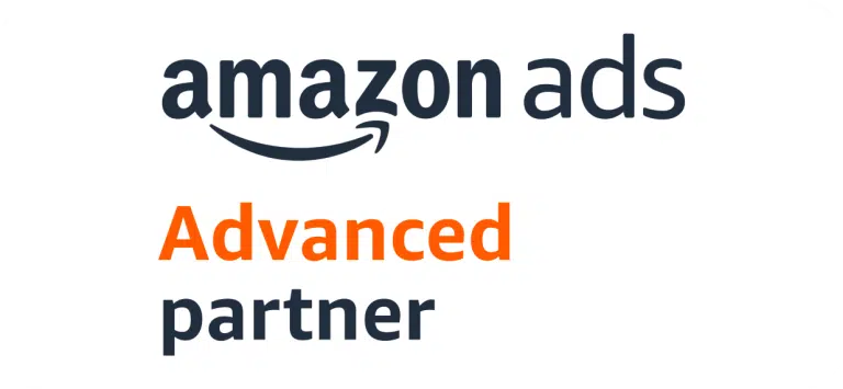 Amazon Ads Advanced Partner logo with "Amazon ads" in black text and "Advanced partner" beneath, "Advanced" in orange and "partner" in black, on a white background.