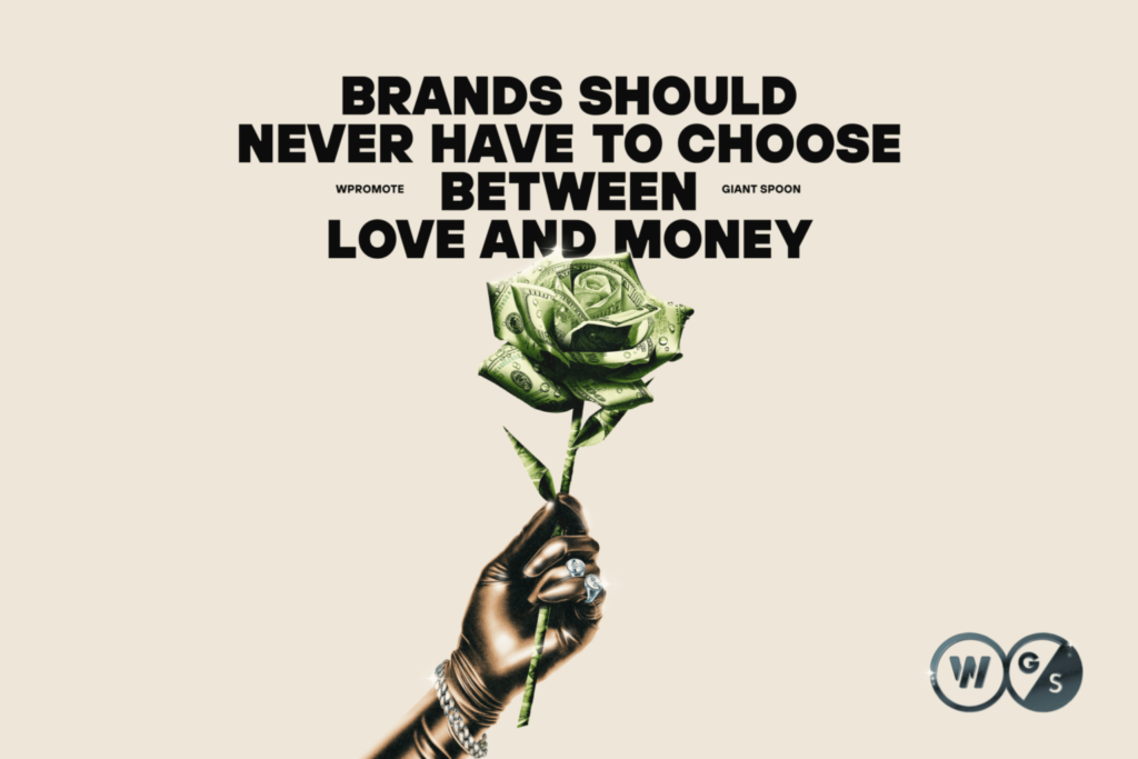 A gloved hand holds a rose made of dollar bills beneath bold text that reads, "Brands should never have to choose between love and money." Two logos in the lower right highlight the power of full-funnel marketing.