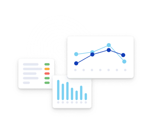 Three overlapping data visualizations: a multicolored status list, a vertical bar chart, and a line graph with two lines plotted on a white background.