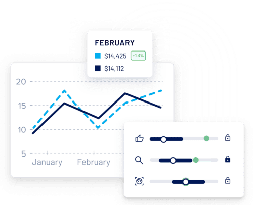 Line graph comparing two data sets for January and February, with February highlighted; sliders for setting preferences are shown to the right.