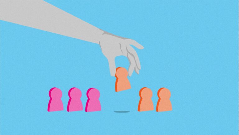 Illustration of a hand selecting a single figure from a group of stylized people icons, separating one orange figure from others in pink and orange against a blue background.